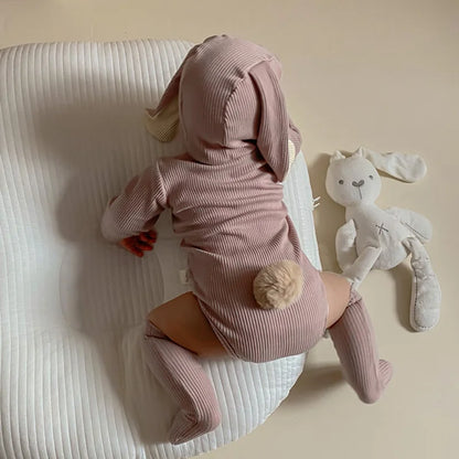 2025 Niedliches Baby-Hasen-Set – Langarm Body mit Ohren-Mütze & Kniestrümpfen | Unisex Babykleidung aus Baumwolle