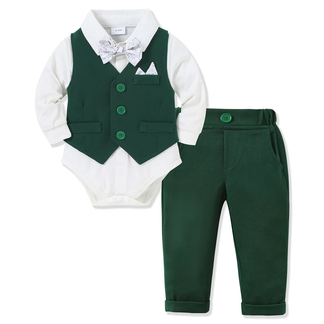 👔 Frühlings-Westenanzug für Jungen – Gentleman-Set mit Langarm-Body, Weste, Hose & Fliege (3–24 Monate)