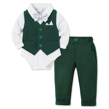 👔 Frühlings-Westenanzug für Jungen – Gentleman-Set mit Langarm-Body, Weste, Hose & Fliege (3–24 Monate)