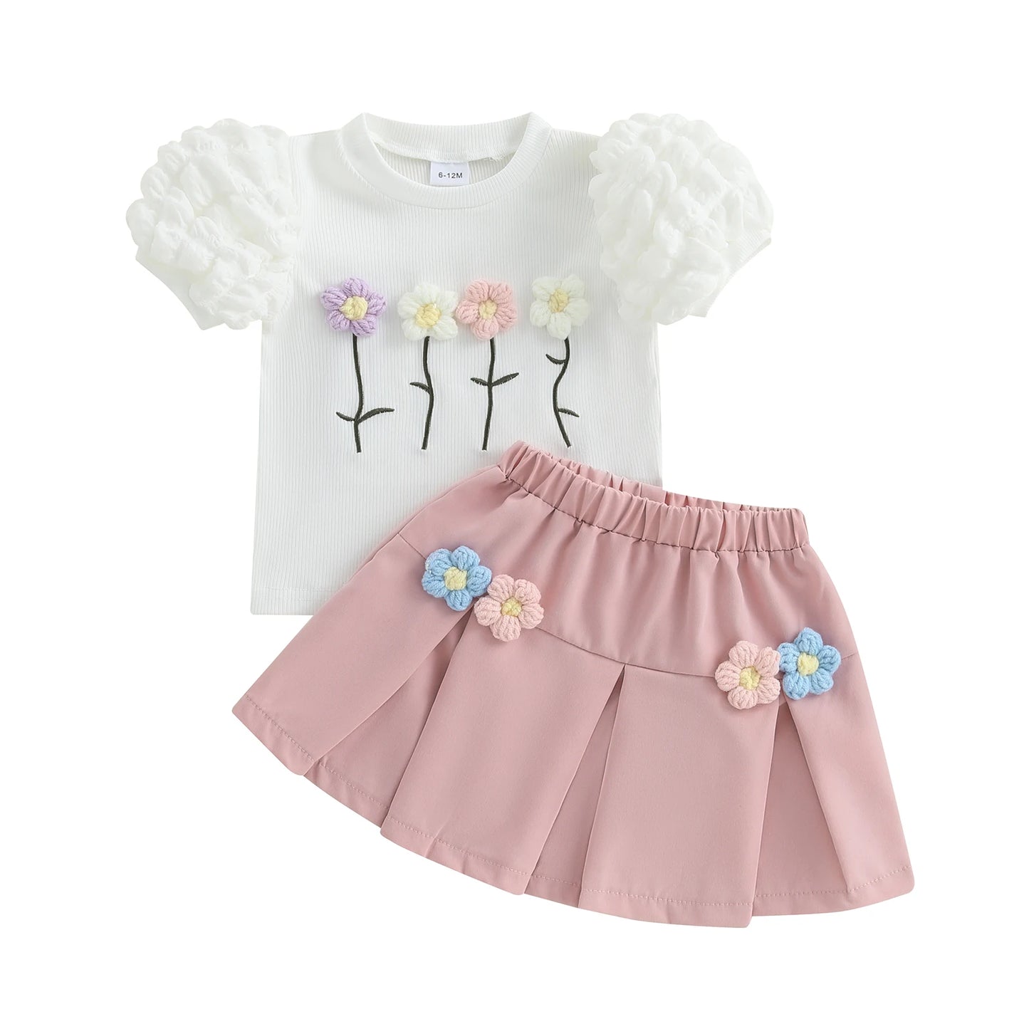 Sommer-Outfit für Kleinkinder Mädchen (6M–4J) – Häkelblumen T-Shirt mit Puffärmeln & A-Linien-Rock + Haarband