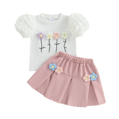 Sommer-Outfit für Kleinkinder Mädchen (6M–4J) – Häkelblumen T-Shirt mit Puffärmeln & A-Linien-Rock + Haarband