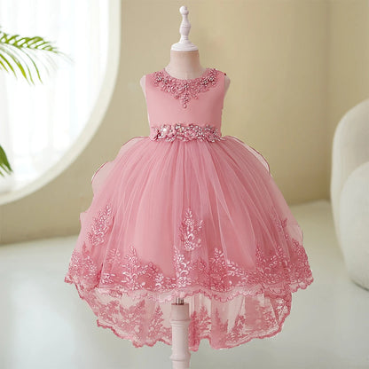 Prinzessinnenkleid für Mädchen mit Tüll & Stickerei – Rosa Partykleid mit Schleife & Schleppe – Für Geburtstag, Show & festliche Anlässe