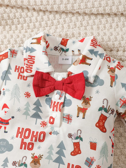 Weihnachts-Outfit für Baby-Jungen (0–12 Monate) – 2-teilig: Santa Body mit kurzen Ärmeln & Hosenträgerhose – Gentleman-Stil