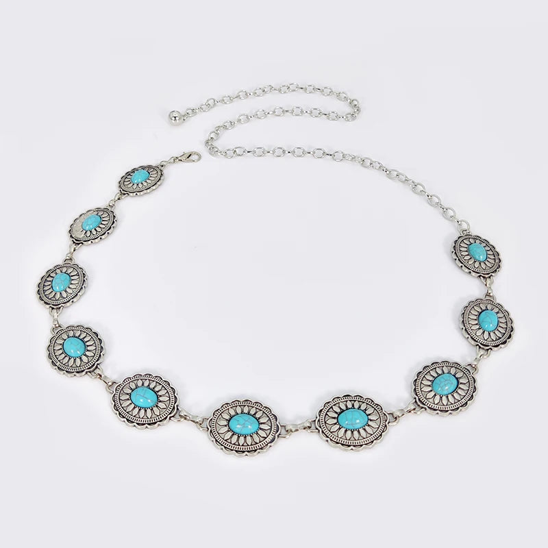 Boho Taillenkette für Damen – Silberfarbene Kette mit blauen Edelstein-Elementen | Eleganter Ellipsen-Look für Röcke & Kleider