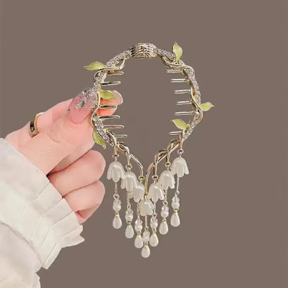 Elegante Haarkralle mit Blumen-Quaste – Schmetterling, Strass & Perlen – Haarclip für Damen | Dutt- & Zopfhalter Accessoire