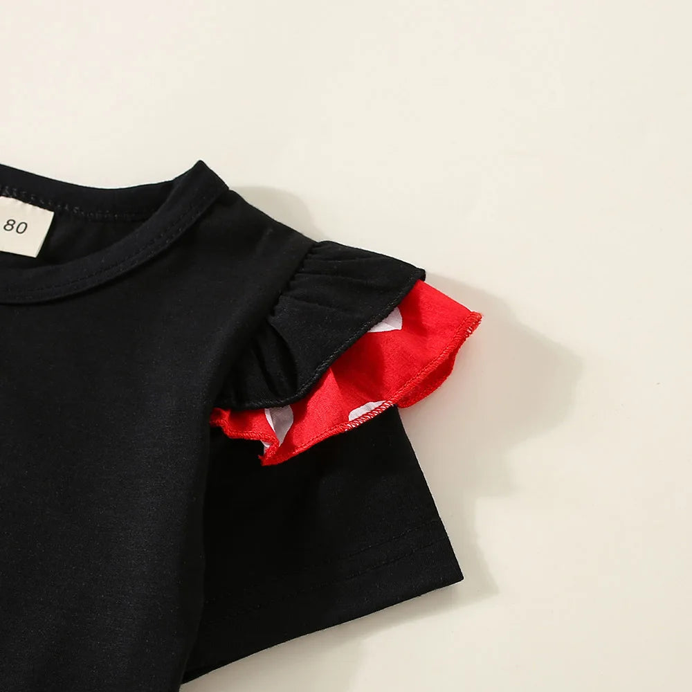 Sommer-Outfit für Mädchen (1–4 Jahre) – Schwarzes T-Shirt mit kurzen Ärmeln, gepunkteter Rock & Haarband – 3-teiliges Set