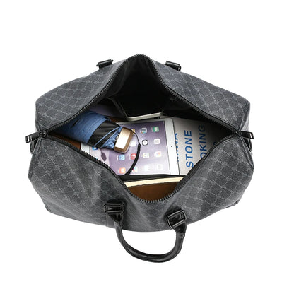 Herren Reisetasche – Schwarze PU-Ledertasche mit großem Fassungsvermögen und geometrischem Muster – Schultertasche für Business & Reisen