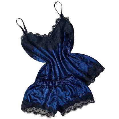 Verführerisches Damen-Schlafanzug-Set aus Samt – Trägertop mit Schleife & Shorts – Sexy V-Ausschnitt Homewear
