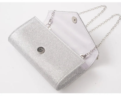 Damen Glitzer Clutch – Envelope-Abendtasche mit Kette in Silber – Elegante Mini-Handtasche für Hochzeit & Party
