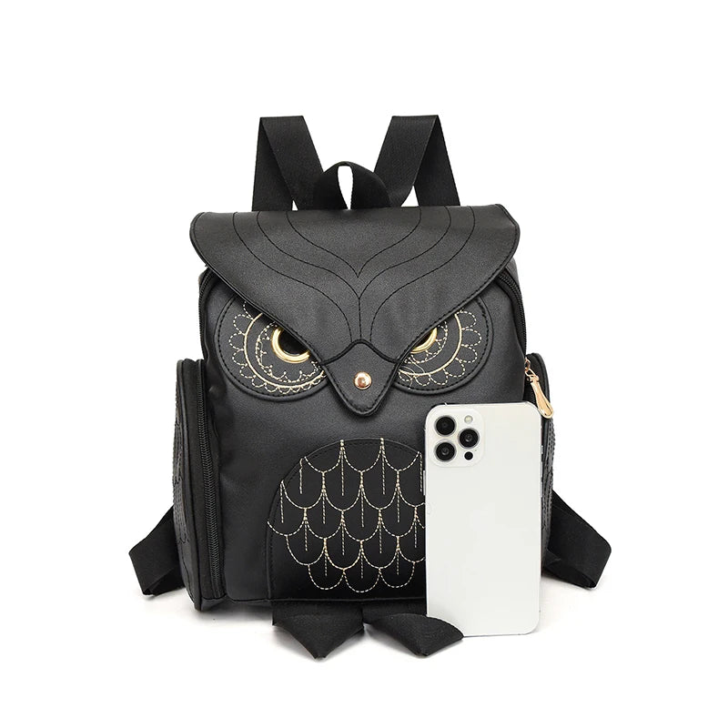 Damen Rucksack – Stylischer Eulen-Rucksack aus schwarzem PU-Leder mit Applikationen – Trendiger Begleiter für Alltag & Freizeit