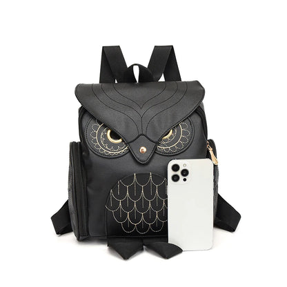 Damen Rucksack – Stylischer Eulen-Rucksack aus schwarzem PU-Leder mit Applikationen – Trendiger Begleiter für Alltag & Freizeit