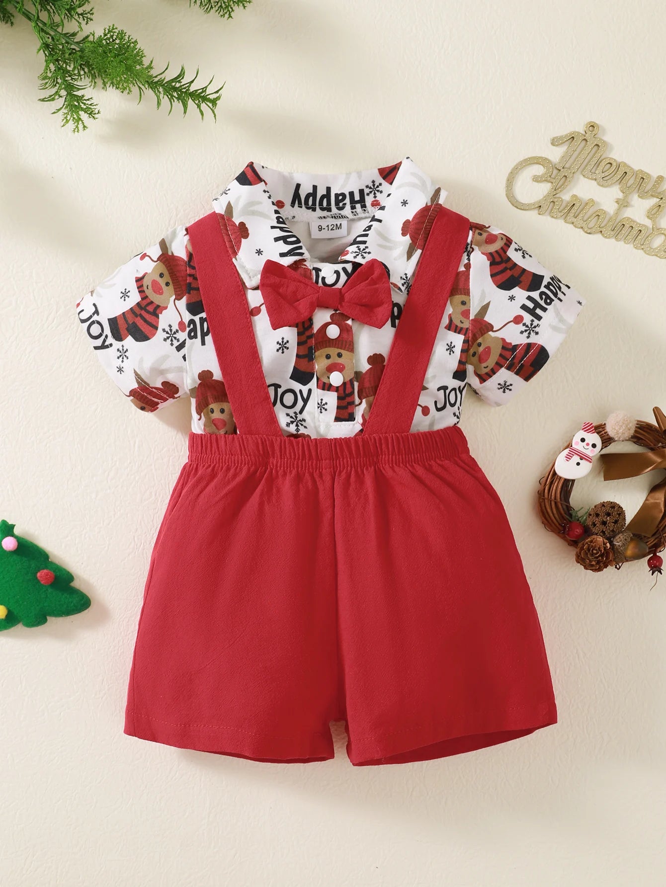Weihnachts-Outfit für Baby-Jungen (0–12 Monate) – 2-teilig: Santa Body mit kurzen Ärmeln & Hosenträgerhose – Gentleman-Stil