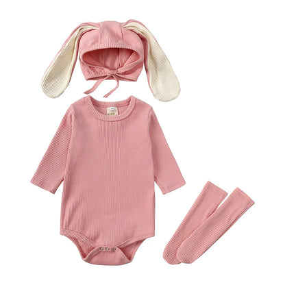 2025 Niedliches Baby-Hasen-Set – Langarm Body mit Ohren-Mütze & Kniestrümpfen | Unisex Babykleidung aus Baumwolle