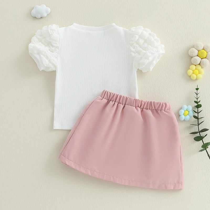 Sommer-Outfit für Kleinkinder Mädchen (6M–4J) – Häkelblumen T-Shirt mit Puffärmeln & A-Linien-Rock + Haarband
