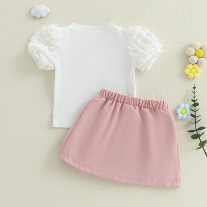 Sommer-Outfit für Kleinkinder Mädchen (6M–4J) – Häkelblumen T-Shirt mit Puffärmeln & A-Linien-Rock + Haarband
