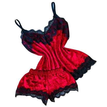 Verführerisches Damen-Schlafanzug-Set aus Samt – Trägertop mit Schleife & Shorts – Sexy V-Ausschnitt Homewear