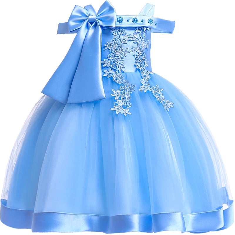 Elegantes Weihnachts- & Festkleid für Mädchen – Schulterfreies Ballkleid mit Blumenapplikationen & Schleife – Für Hochzeit, Geburtstag & Gala (Größe 110–150)