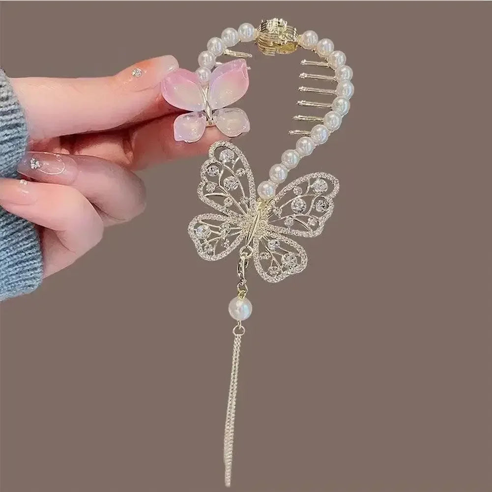 Elegante Haarkralle mit Blumen-Quaste – Schmetterling, Strass & Perlen – Haarclip für Damen | Dutt- & Zopfhalter Accessoire