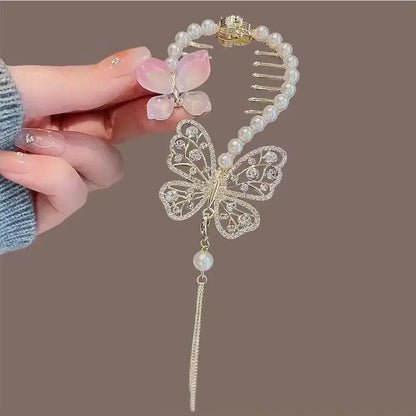 Elegante Haarkralle mit Blumen-Quaste – Schmetterling, Strass & Perlen – Haarclip für Damen | Dutt- & Zopfhalter Accessoire