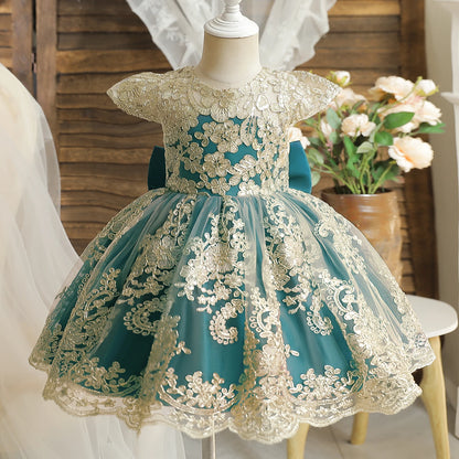 Vintage Prinzessinnenkleid mit Spitze & Stickerei – Luxuriöses Partykleid für Mädchen mit Rüschen & Goldakzenten (1–5 Jahre)