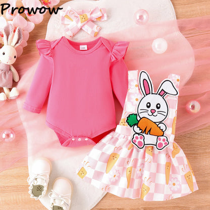 My First Easter” Baby-Mädchen-Outfit – 4-teilig: Hasen-Body, Karotten-Shorts, Socken & Haarband – von Prowow