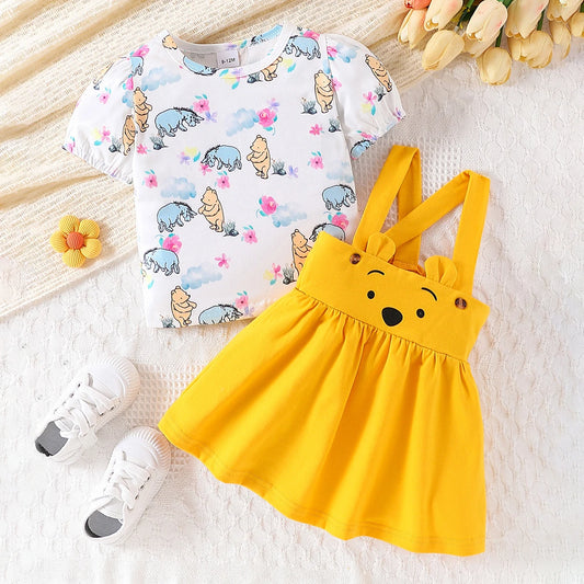 Sommer Baby Mädchen 2-teiliges Set – Kurzarm-T-Shirt mit niedlichem Tierdruck + Trägerrock – Baumwoll-Outfit für Kleinkinder (3–24 Monate)
