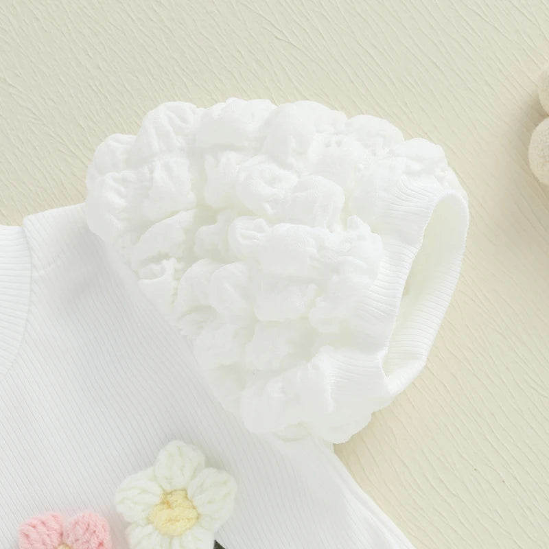 Sommer-Outfit für Kleinkinder Mädchen (6M–4J) – Häkelblumen T-Shirt mit Puffärmeln & A-Linien-Rock + Haarband