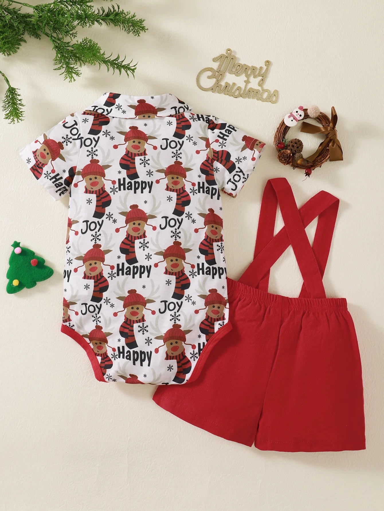 Weihnachts-Outfit für Baby-Jungen (0–12 Monate) – 2-teilig: Santa Body mit kurzen Ärmeln & Hosenträgerhose – Gentleman-Stil