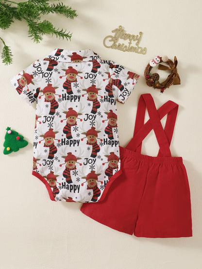 Weihnachts-Outfit für Baby-Jungen (0–12 Monate) – 2-teilig: Santa Body mit kurzen Ärmeln & Hosenträgerhose – Gentleman-Stil