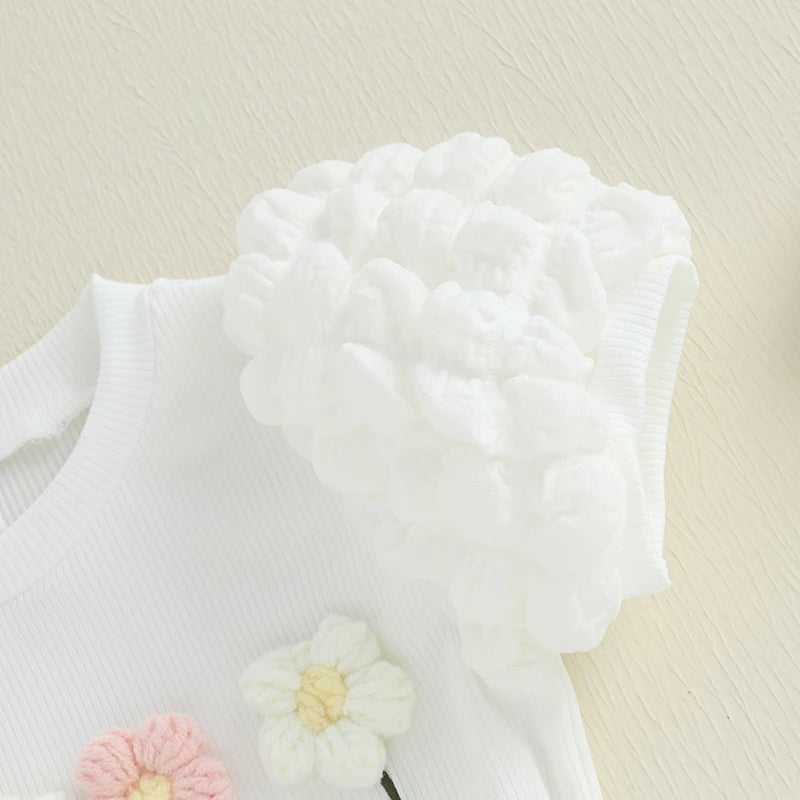 Sommer-Outfit für Kleinkinder Mädchen (6M–4J) – Häkelblumen T-Shirt mit Puffärmeln & A-Linien-Rock + Haarband