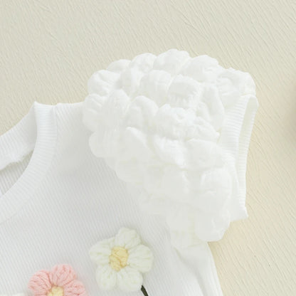 Sommer-Outfit für Kleinkinder Mädchen (6M–4J) – Häkelblumen T-Shirt mit Puffärmeln & A-Linien-Rock + Haarband