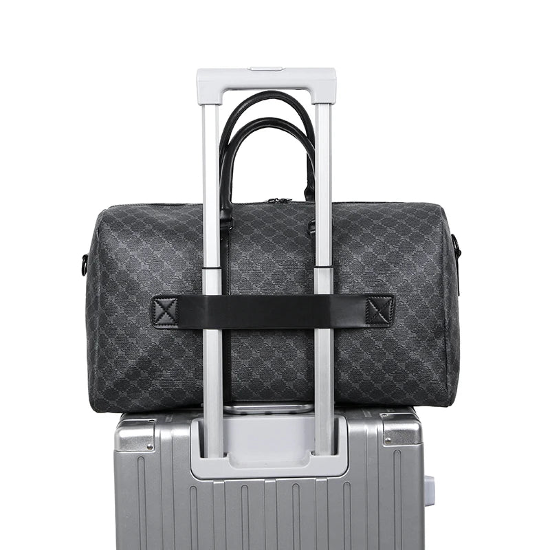 Herren Reisetasche – Schwarze PU-Ledertasche mit großem Fassungsvermögen und geometrischem Muster – Schultertasche für Business & Reisen