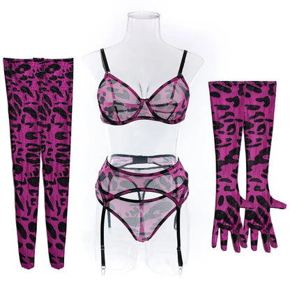 Sexy Lingerie Set in Pink Leopard Mesh – BH, Handschuhe & Beinlinge