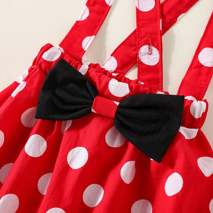 Sommer-Outfit für Mädchen (1–4 Jahre) – Schwarzes T-Shirt mit kurzen Ärmeln, gepunkteter Rock & Haarband – 3-teiliges Set