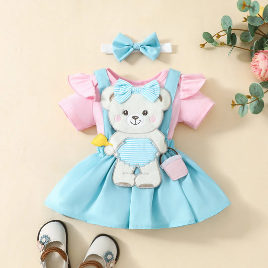 Süßes Sommer-Outfit für Baby-Mädchen – 3-teilig: Kurzarm-Romper mit Bären-Stickerei, Röckchen & Haarband – für Ostern & Alltag (0–18 Monate)