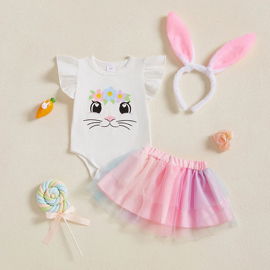 Süßes Baby-Osteroutfit für Mädchen – 3-teilig: Häschen-Body mit Tüllrock & Haarband mit Ohren (0–18 Monate)