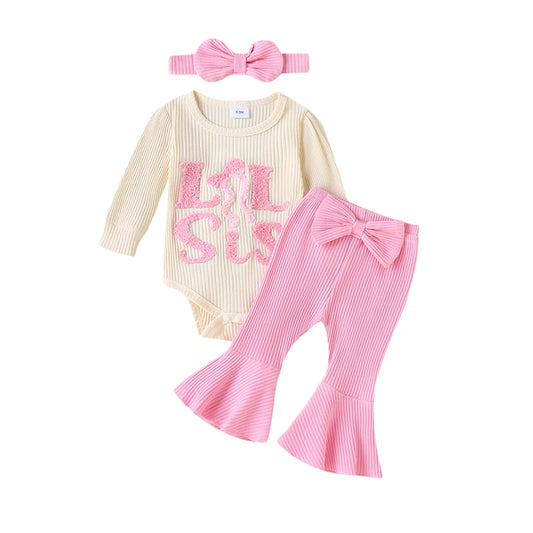 Herbst-Outfit für Baby-Mädchen (0–18 Monate) – 3-teilig: Langarm-Body mit Stickschrift, Schlaghose & Haarband – von Pudcoco