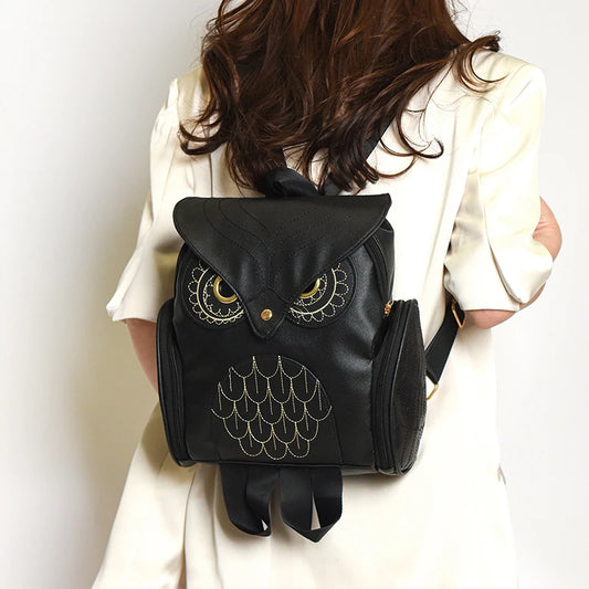 Damen Rucksack – Stylischer Eulen-Rucksack aus schwarzem PU-Leder mit Applikationen – Trendiger Begleiter für Alltag & Freizeit