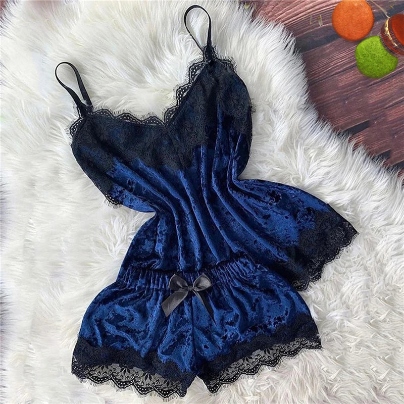 Verführerisches Damen-Schlafanzug-Set aus Samt – Trägertop mit Schleife & Shorts – Sexy V-Ausschnitt Homewear