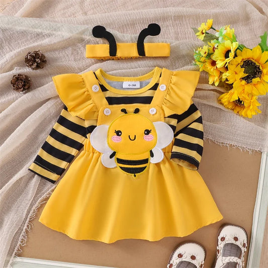 Herbst-Outfit für Baby-Mädchen – 3-teilig: Langarm-Romper mit Flügelärmeln, Trägerkleid mit Bienen-/Marienkäfer-Stickerei & Haarband – von Faithtur