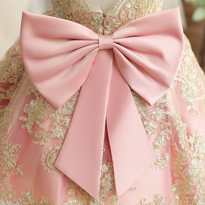 Vintage Prinzessinnenkleid mit Spitze & Stickerei – Luxuriöses Partykleid für Mädchen mit Rüschen & Goldakzenten (1–5 Jahre)