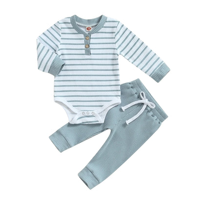 Herbst-Outfit für Baby Jungen – Langarm-Body mit Streifenmuster + Hose | 2-teiliges Set aus Baumwollmischung für Frühling & Herbst