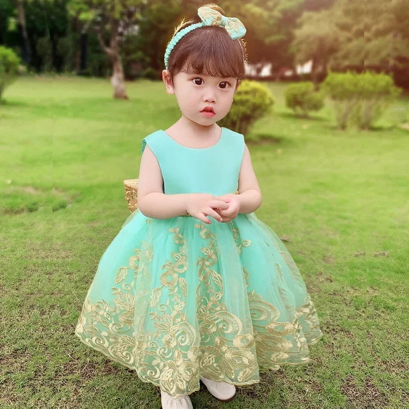Sommerliches Prinzessinnenkleid für Mädchen – Ärmellos mit Rückenschleife & Pailletten – Festliches Kleid für Hochzeit, Party & Geburtstag
