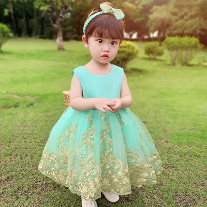 Sommerliches Prinzessinnenkleid für Mädchen – Ärmellos mit Rückenschleife & Pailletten – Festliches Kleid für Hochzeit, Party & Geburtstag
