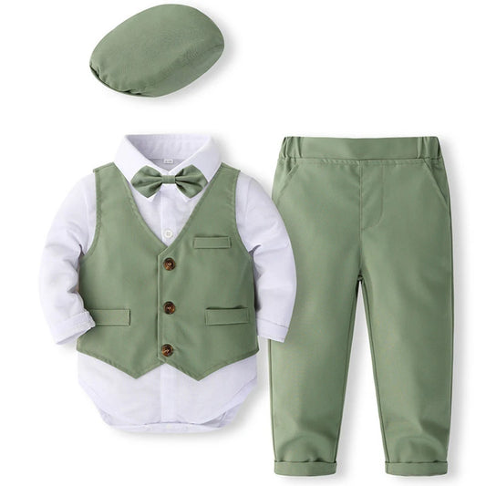 Luxuriöses 5-teiliges Baby Jungen Set – Frühlings- & Herbst-Outfit im Gentleman-Stil | Body + Weste + Hose + Krawatte + Hut – Koreanisches Design