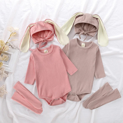 2025 Niedliches Baby-Hasen-Set – Langarm Body mit Ohren-Mütze & Kniestrümpfen | Unisex Babykleidung aus Baumwolle