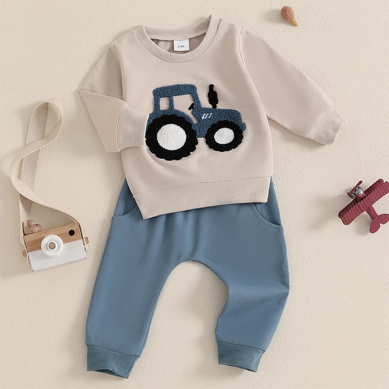 Jungen-Set für Frühling & Herbst – 2-teilig: Sweatshirt mit Traktor-Stickerei & einfarbige Hose – von Lioraitiin (0–3 Jahre)
