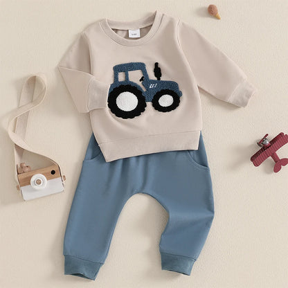 Jungen-Set für Frühling & Herbst – 2-teilig: Sweatshirt mit Traktor-Stickerei & einfarbige Hose – von Lioraitiin (0–3 Jahre)