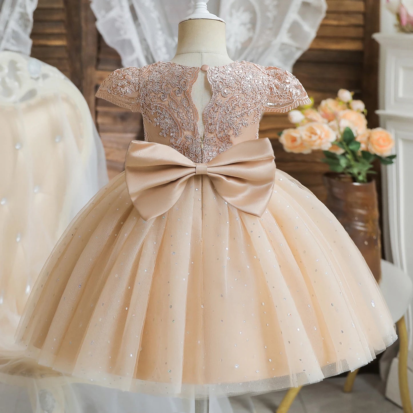Vintage Prinzessinnenkleid mit Spitze & Stickerei – Luxuriöses Partykleid für Mädchen mit Rüschen & Goldakzenten (1–5 Jahre)