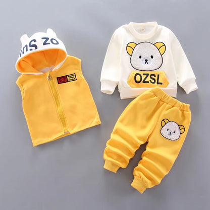 Warmer 3-teiliges Winter-Set für Babys – Kapuzenjacke mit Bärenmotiv, Weste & Hose – Baumwoll-Fleece für Jungen & Mädchen (1–3 Jahre)